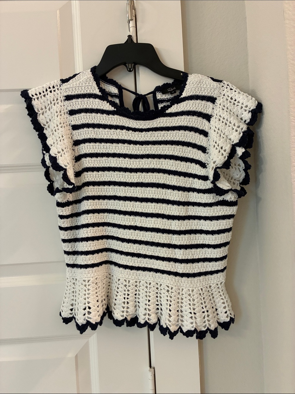 Rails Navy & White Striped Crochet Tie-Back Top